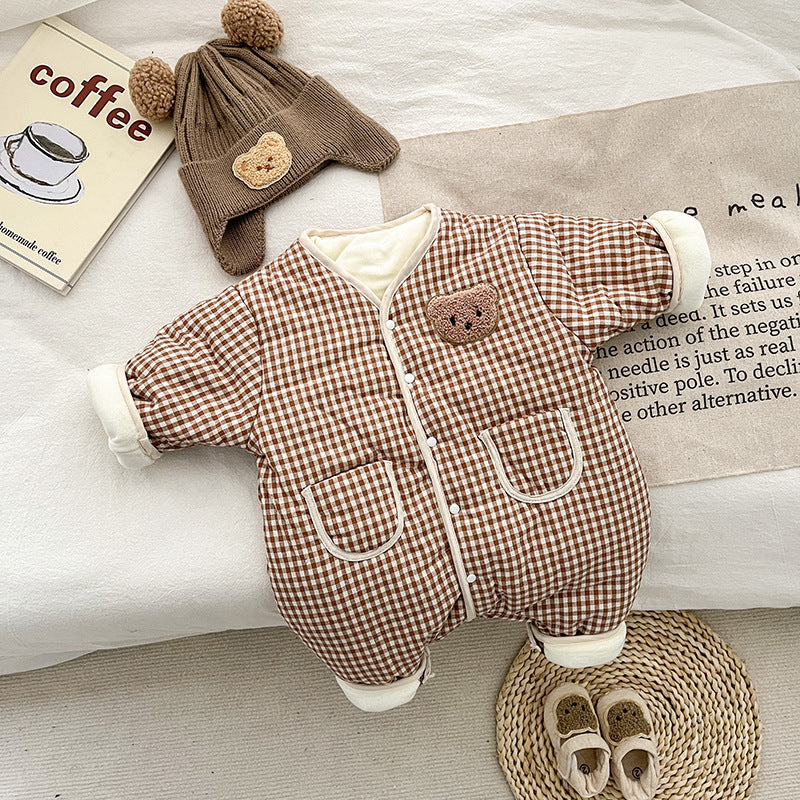 Cute Cartoon Bear Brown Plaid Print Thickened Warm Button Jumpsuit With Pockets