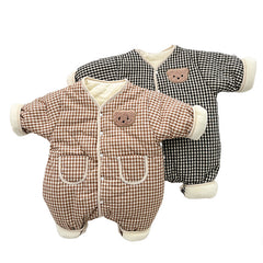 Cute Cartoon Bear Plaid Print Thickened Warm Button Jumpsuit With Pockets