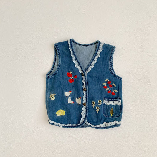 Girls Embroidered Retro Denim All-Match Tops Vest