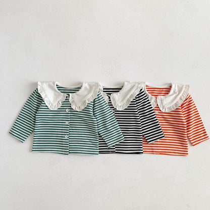 Baby Ruffled Striped Cardigan Top Baby Girl All-Match Bottoming Top