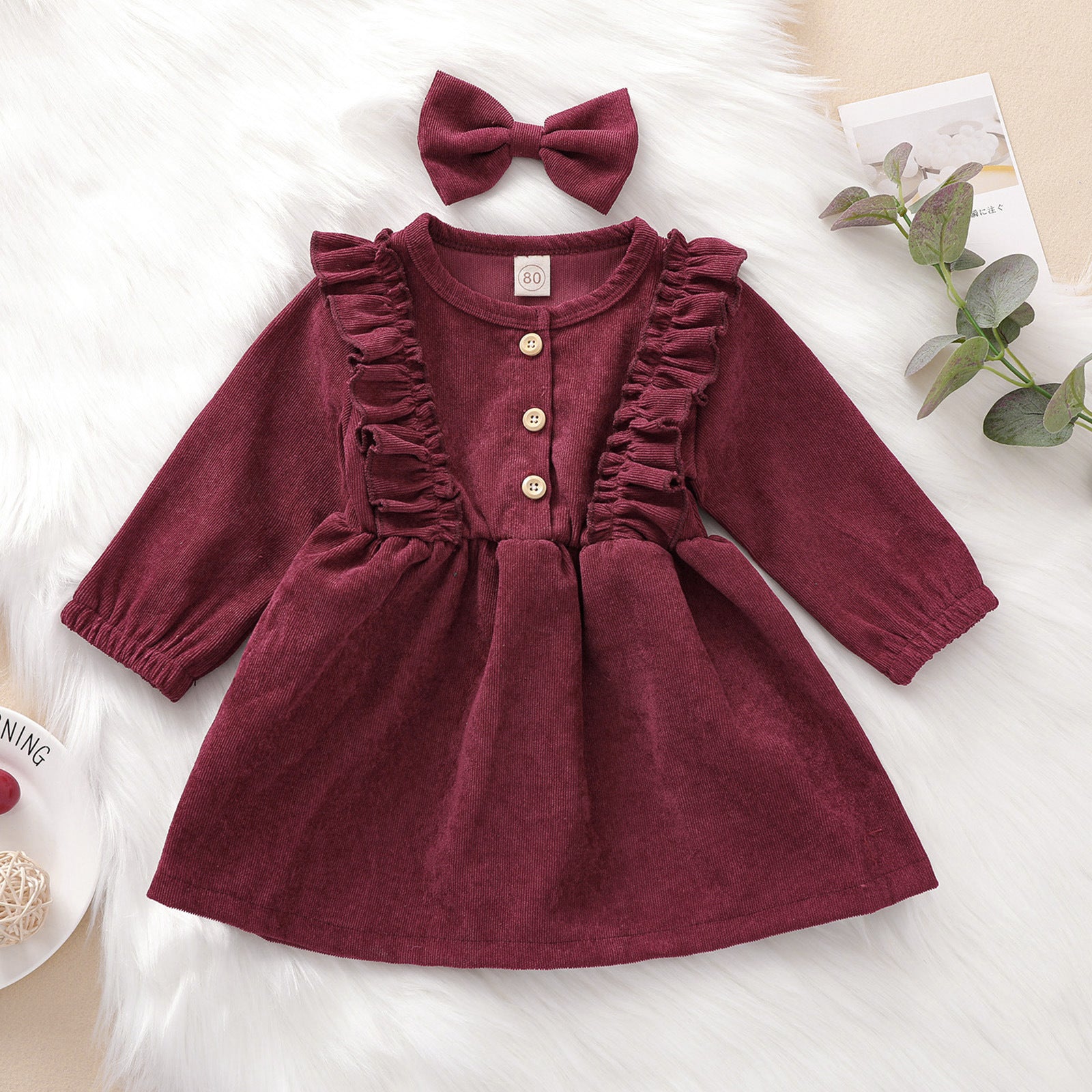 Girls Corduroy Long Sleeve Dress With Bow