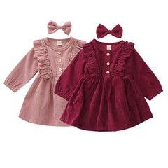 Girls Corduroy Long Sleeve Dress With Bow