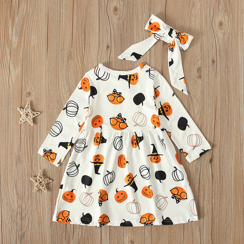 Girls Ghost Pumpkin Halloween Dress With Headband