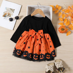 Girls Halloween Pumpkin Face Printed Tulle Mesh Bow Dress