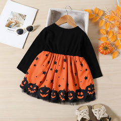 Girls Halloween Pumpkin Face Printed Tulle Dress