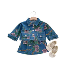 Girls Denim Jacket Short Skirt Print Vintage 2-Piece Set