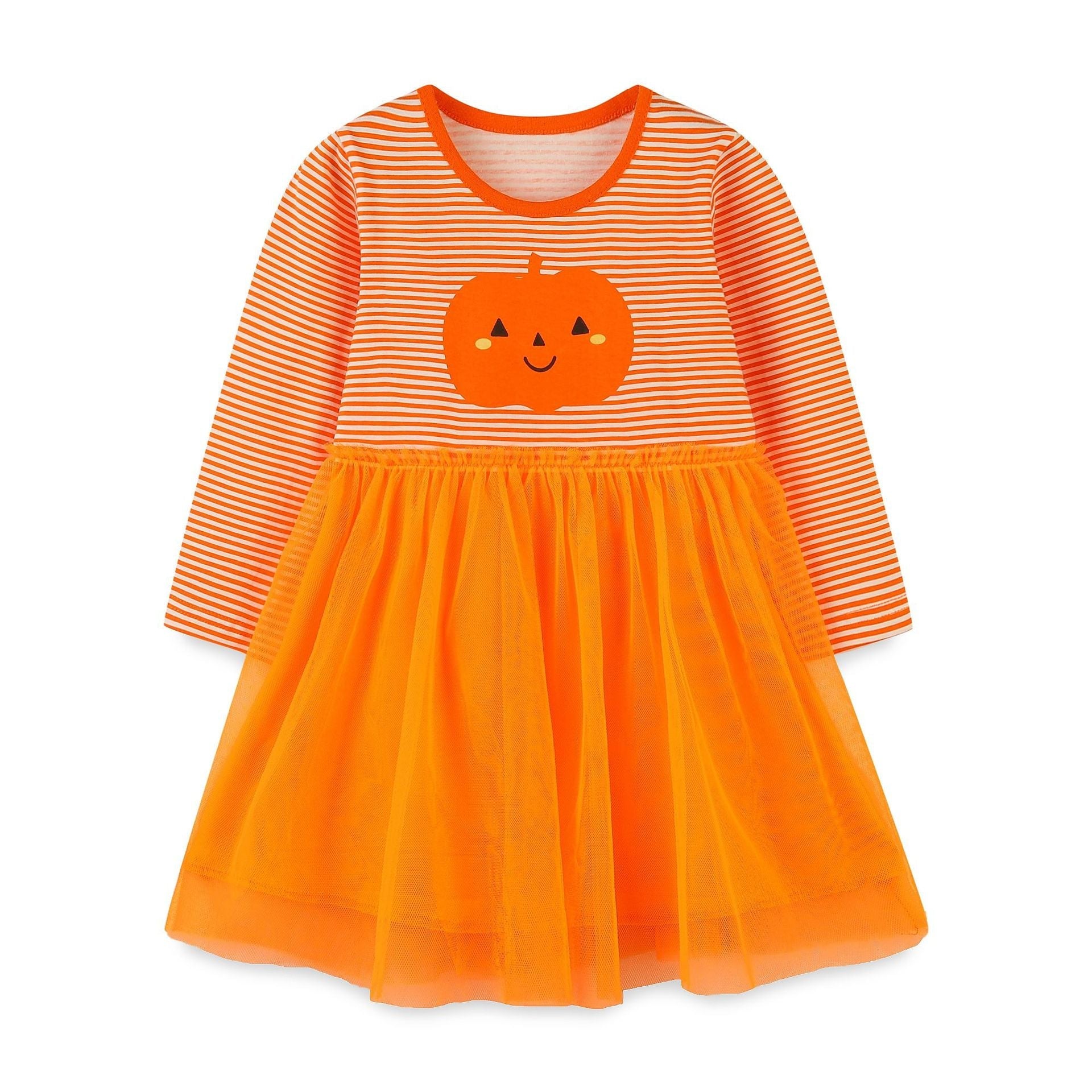 Halloween Costume Pumpkin Princess Orange Stripe Mesh Dress For Girls