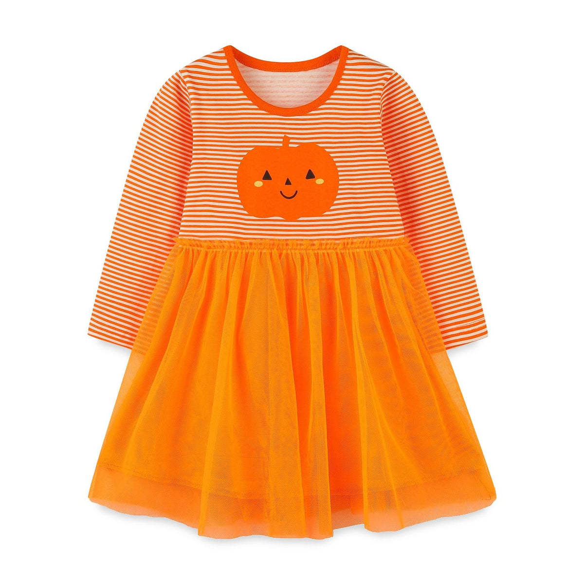 Halloween Costume Pumpkin Princess Orange Stripe Mesh Dress For Girls