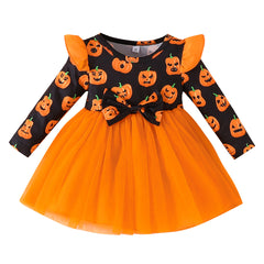 Toddler Girl Halloween Pumpkin Long Sleeve Bow Mesh Dress