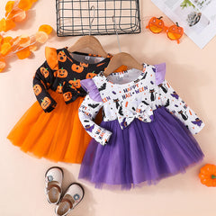 New Girls Long Sleeve Pumpkin Print Bowknot Layered Orange Purple Mesh Halloween Dress