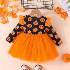 New Girls Long Sleeve Pumpkin Print Bowknot Layered Orange  Mesh Halloween Dress