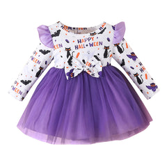 New Girls Long Sleeve Pumpkin Print Bowknot Layered Purple Mesh Halloween Dress