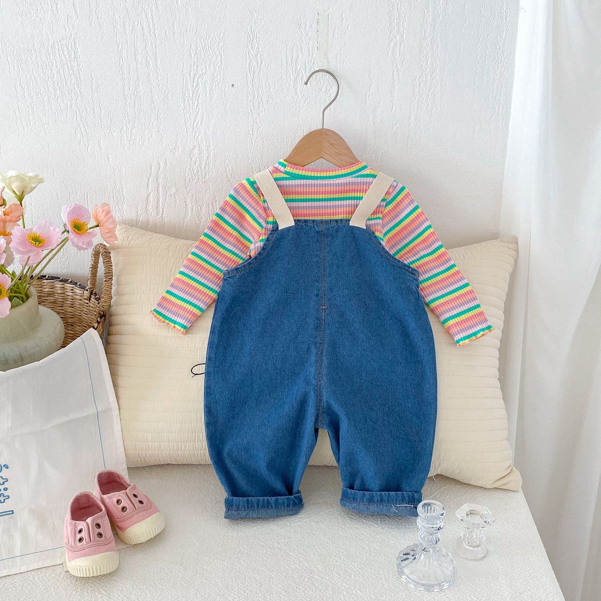 Infant Girl Striped Top + Denim Overalls 2-Piece Set