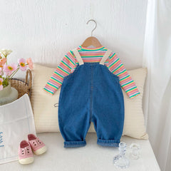 Infant Girl Striped Top + Denim Overalls 2-Piece Set