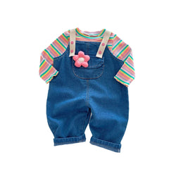 Infant Girl Striped Top + Denim Overalls 2-Piece Set