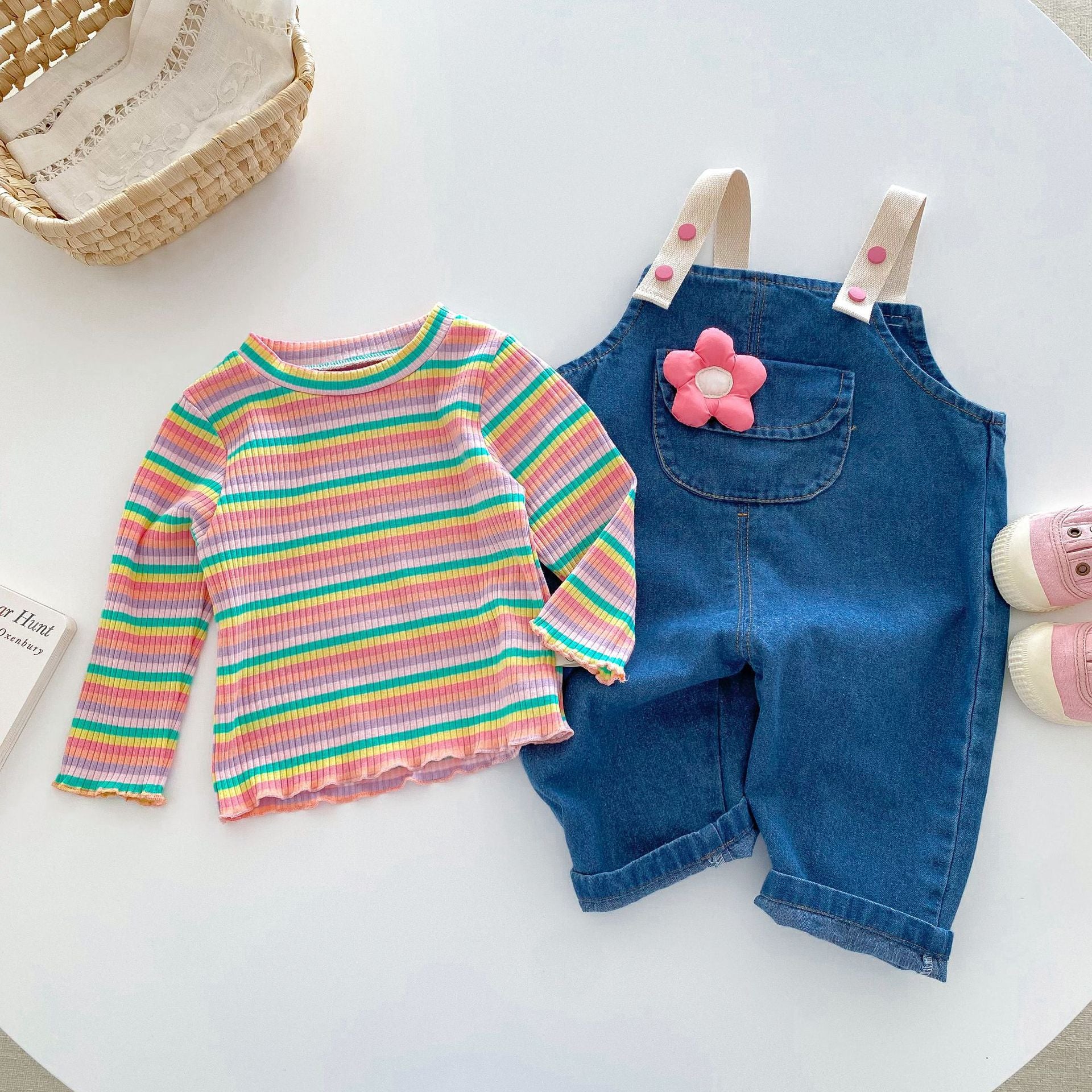 Infant Girl Striped Top + Denim Overalls 2-Piece Set