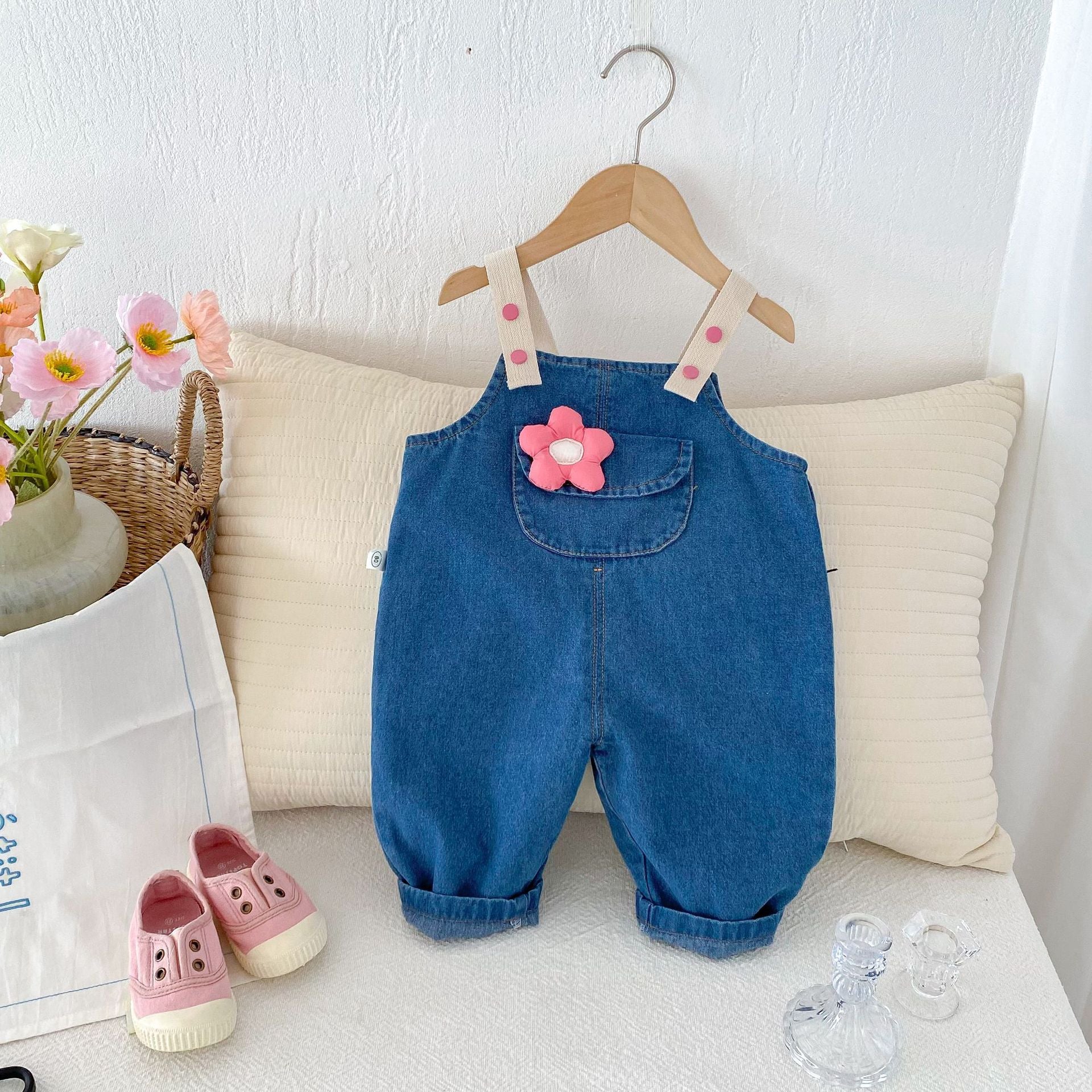 Infant Girl Striped Top + Denim Overalls 2-Piece Set