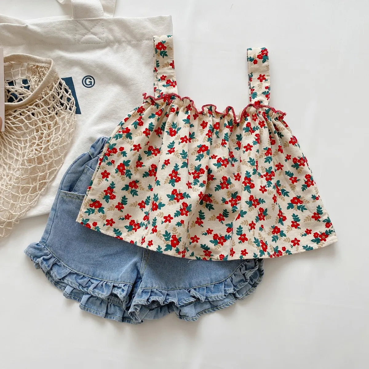 Infant Girls Floral Top Denim Shorts 2-Piece Set