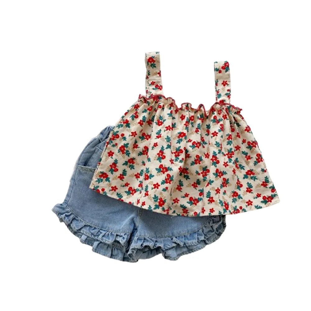 Infant Girls Floral Top Denim Shorts 2-Piece Set