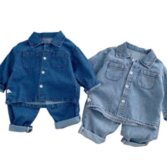 Vêtements en jean pour bébés filles et garçons, ensemble avec haut boutonné et pantalon en jean bleu foncé