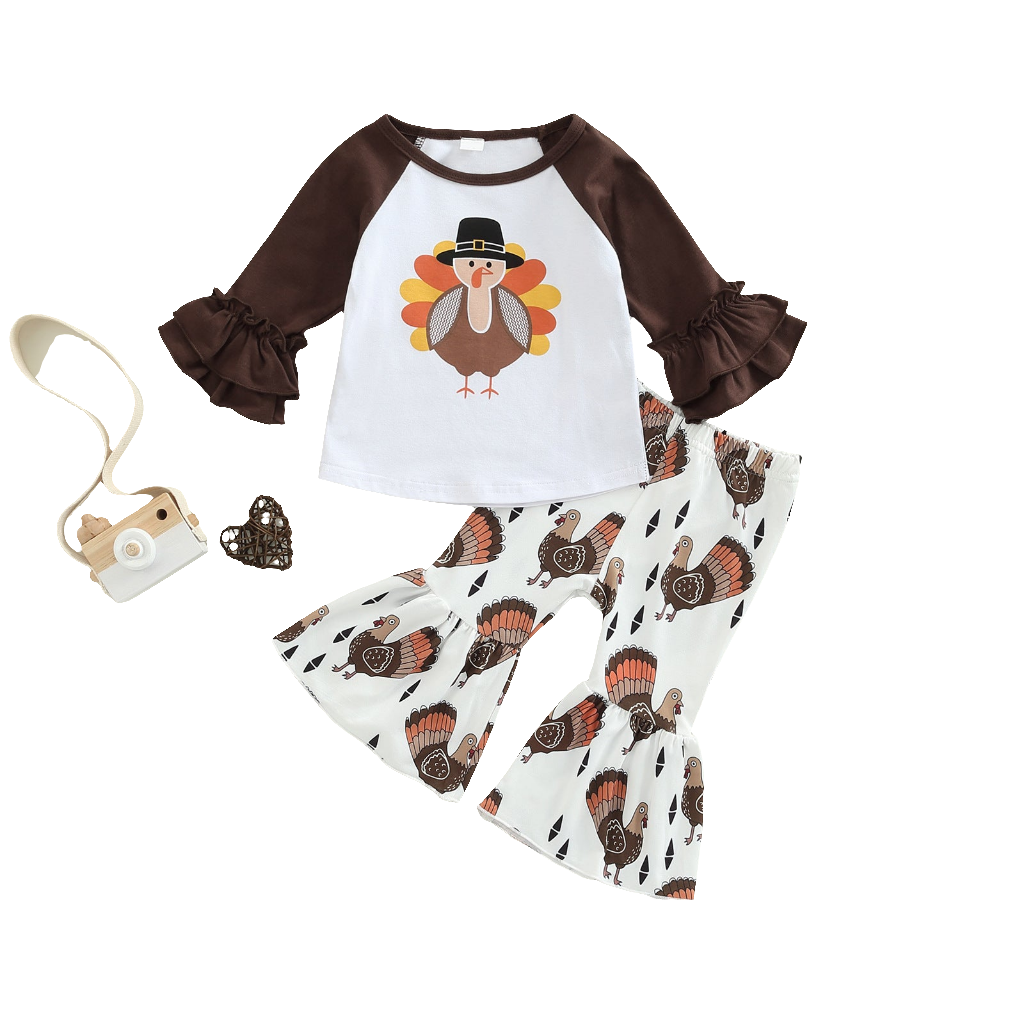 Infant Girls Fall Outfit With Turkey Print Flare Pants