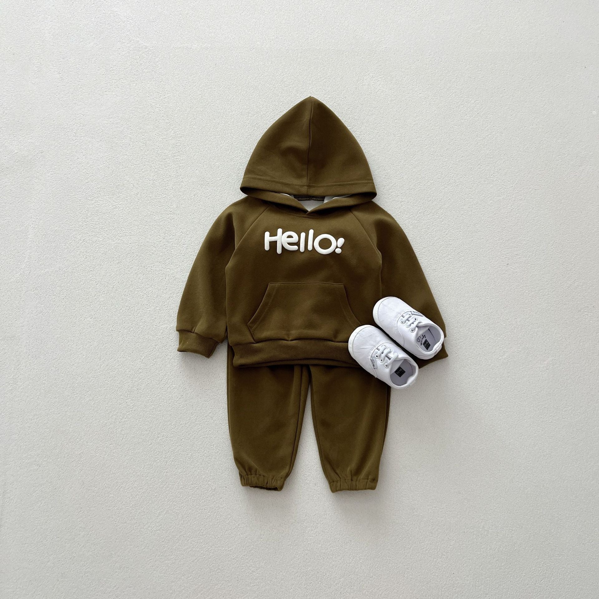 Kids 2PCS Jogger Outfits Set Hello Letter Hooded Dark Green Sweatsuits Pullover Clothes