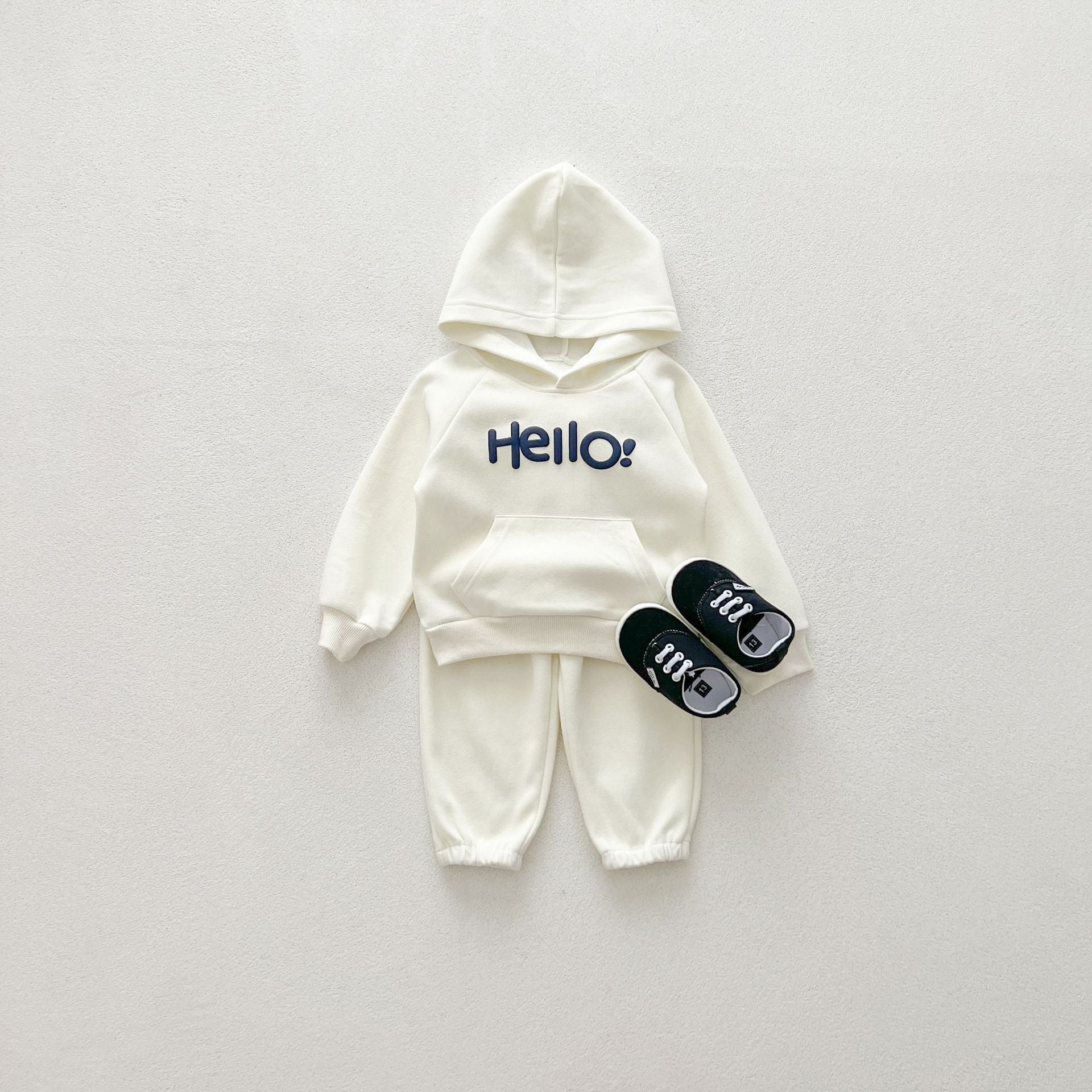 Kids 2PCS Jogger Outfits Set Hello Letter Hooded White Sweatsuits Pullover Clothes