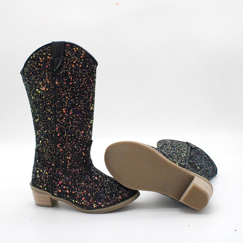 Kids Cowgirl Boots for Girls Western Square Toe Black Sequined Cow Pattern 