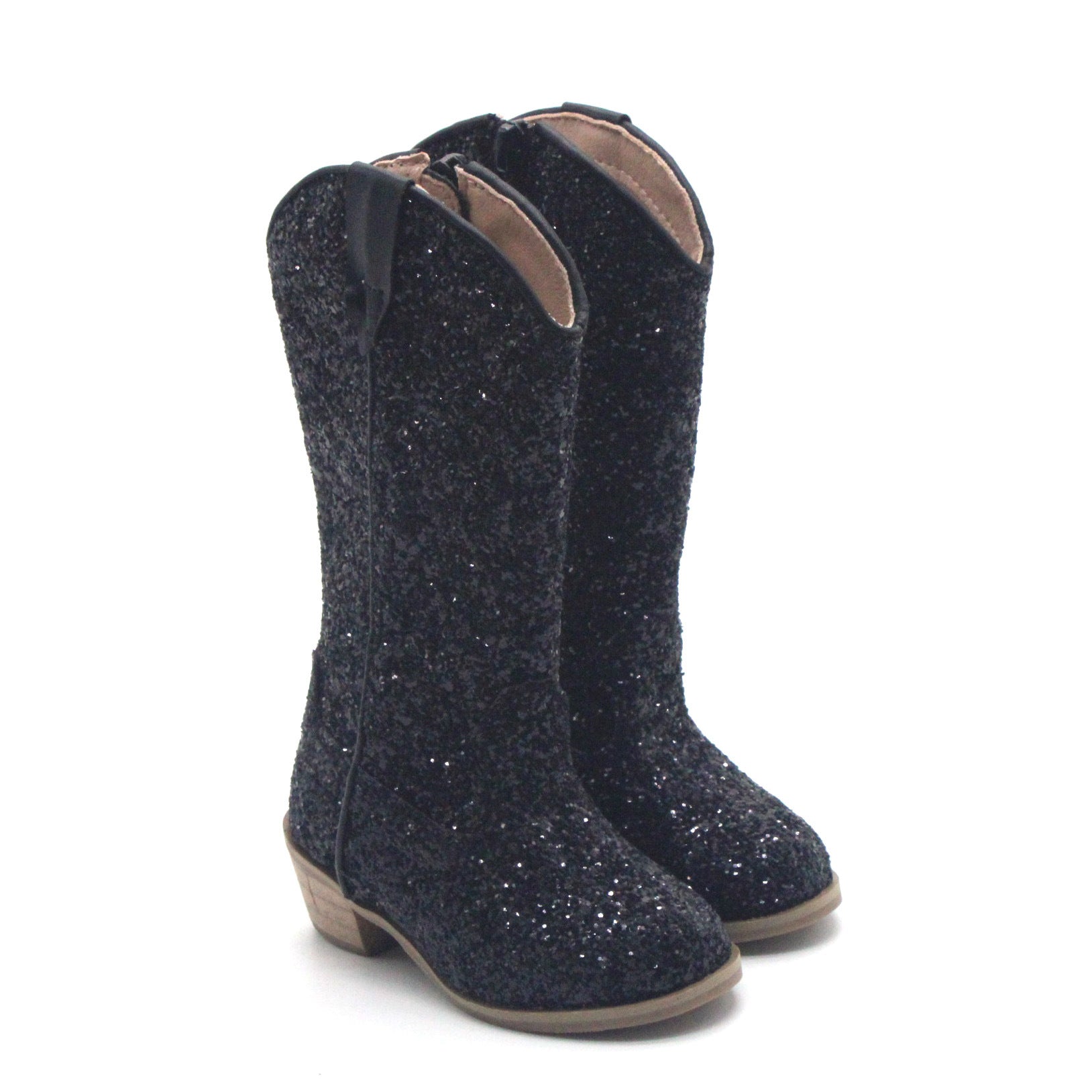 Kids Cowgirl Boots for Girls Western Square Toe Black Sequined Cow Pattern Shoes