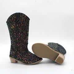 Kids Cowgirl Boots for Girls Western Square Toe Black Sequined Cow Pattern 