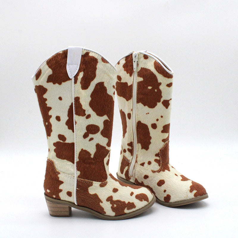 Kids Cowgirl Boots for Girls Western Square Toe Cow Sequined Cow Pattern 