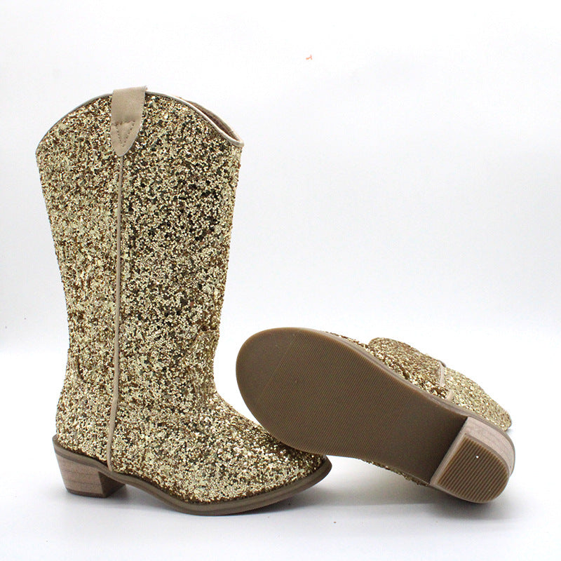 Kids Cowgirl Boots for Girls Western Square Toe Gold Sequined Cow Pattern 