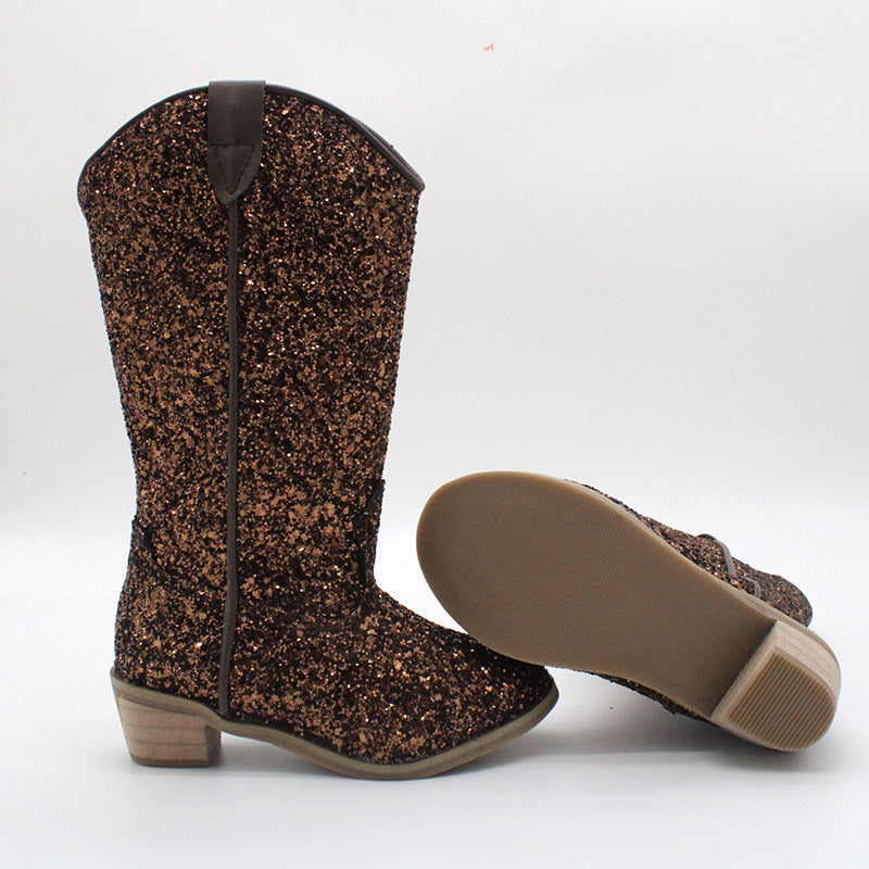 Kids Cowgirl Boots for Girls Western Square Toe Gray Sequined Cow Pattern 