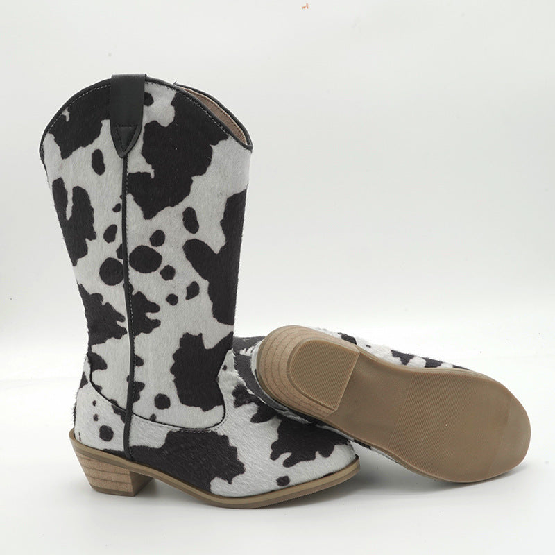 Kids Cowgirl Boots for Girls Western Square Toe Milk Sequined Cow Pattern 