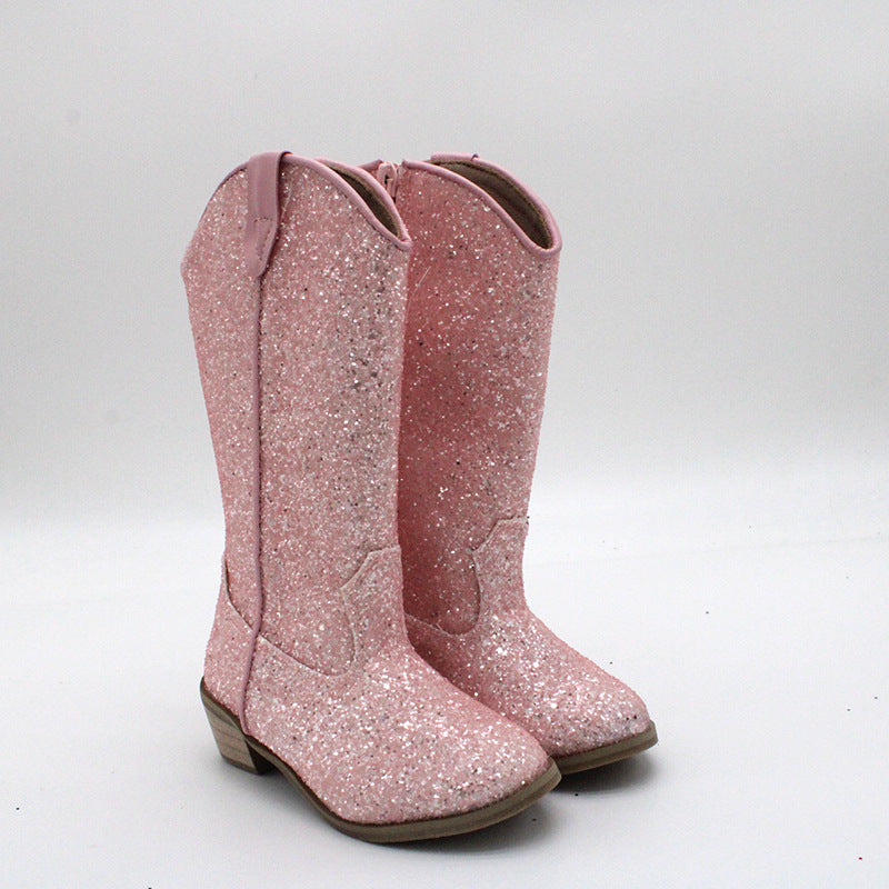 Kids Cowgirl Boots for Girls Western Square Toe Pink Sequined Cow Pattern 