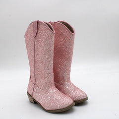 Kids Cowgirl Boots for Girls Western Square Toe Pink Sequined Cow Pattern 