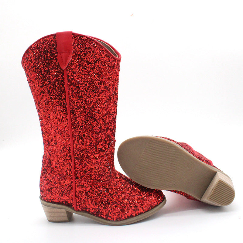 Kids Cowgirl Boots for Girls Western Square Toe Red Sequined Cow Pattern 