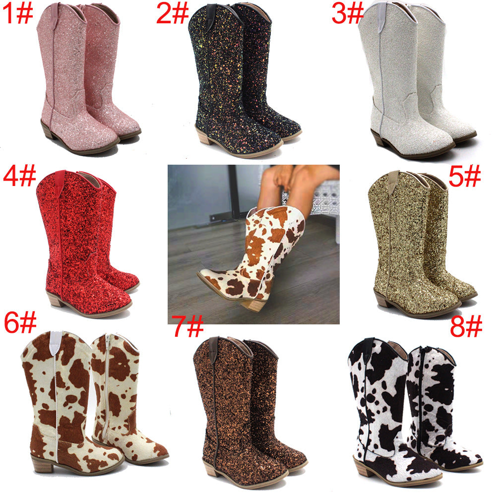 Kids Cowgirl Boots for Girls Western Square Toe Sequined Cow Pattern