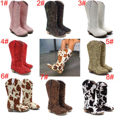 Kids Cowgirl Boots for Girls Western Square Toe Sequined Cow Pattern