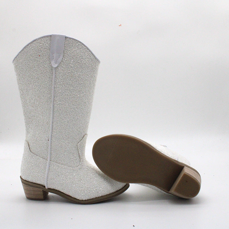 Kids Cowgirl Boots for Girls Western Square Toe White Sequined Cow Pattern 