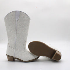 Kids Cowgirl Boots for Girls Western Square Toe White Sequined Cow Pattern 