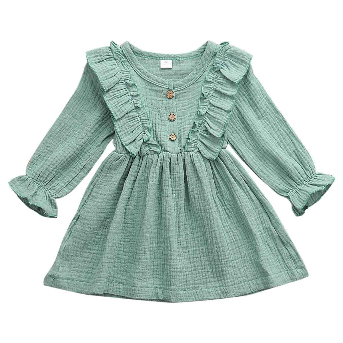 Kids Toddler Baby Girl Ruffle Long Sleeve Dress Princess Party Green Dress Fall Winter Skirt Outfit