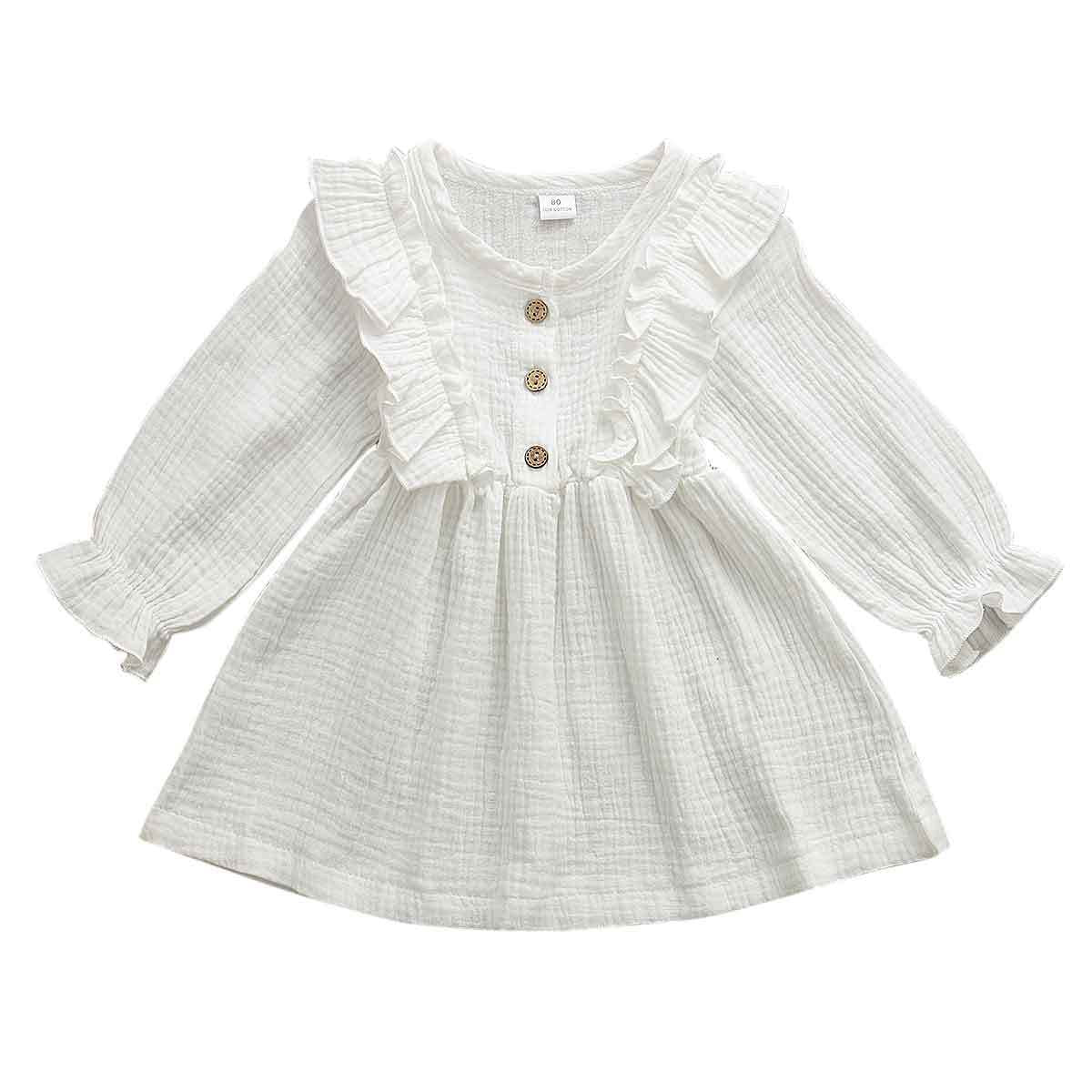 Kids Toddler Baby Girl Ruffle Long Sleeve Dress Princess Party White Dress Fall Winter Skirt Outfit