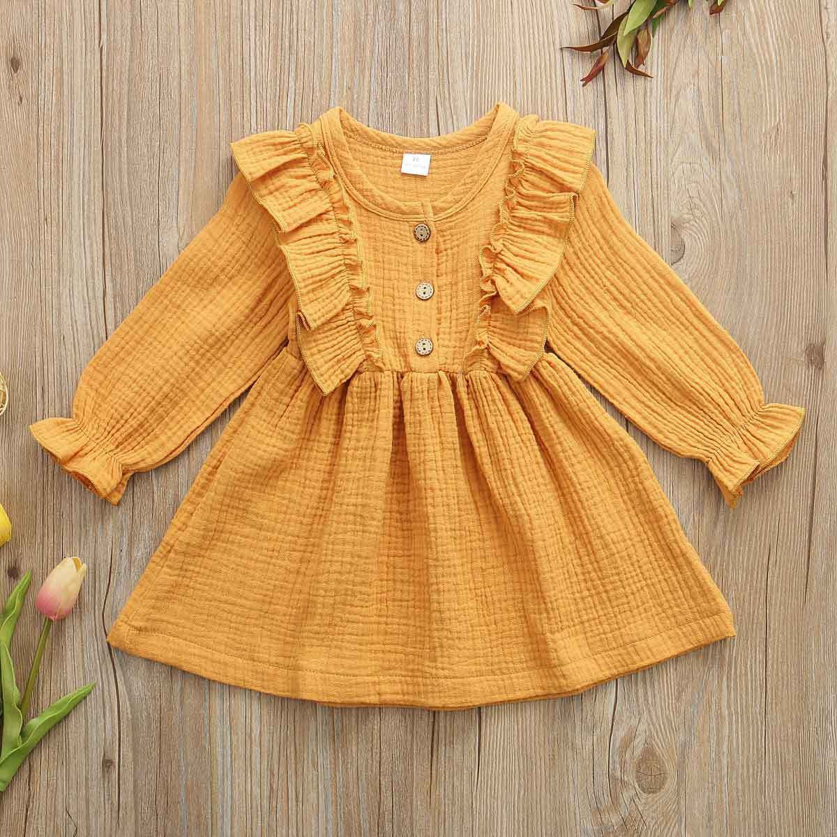 Kids Toddler Baby Girl Ruffle Long Sleeve Dress Princess Party Yellow Dress Fall Winter Skirt Outfit