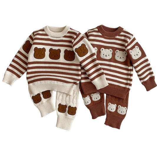 Ensembles rayés de dessin animé de pull tricoté pour bébé