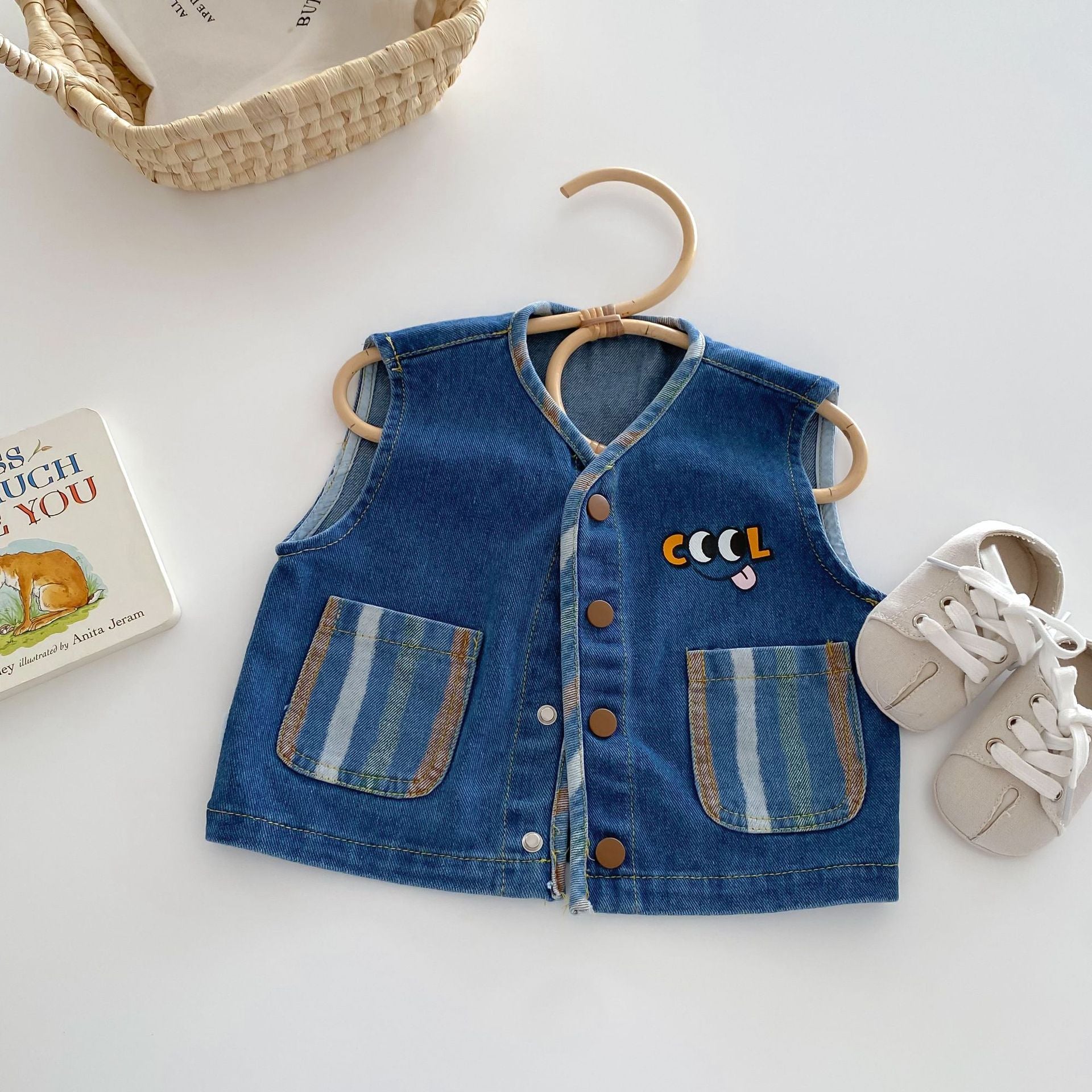 Gilet en jean occidental pour garçons et filles, gilet de poche rétro à la mode