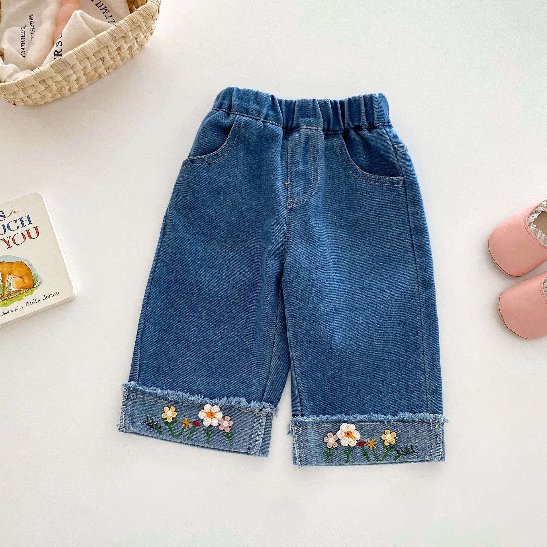 Jeans amples pour petites filles et garçons, pantalons en denim basiques à jambe droite