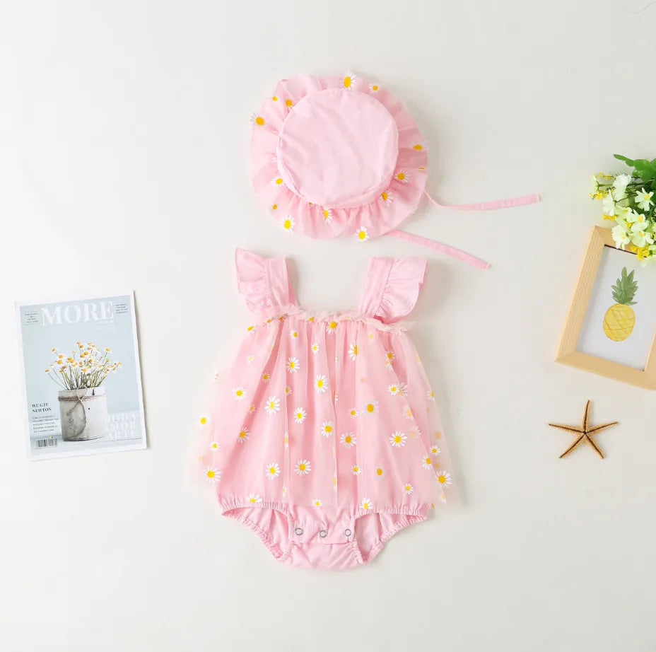 Little Girls Sunflower Tulle Romper with Hat