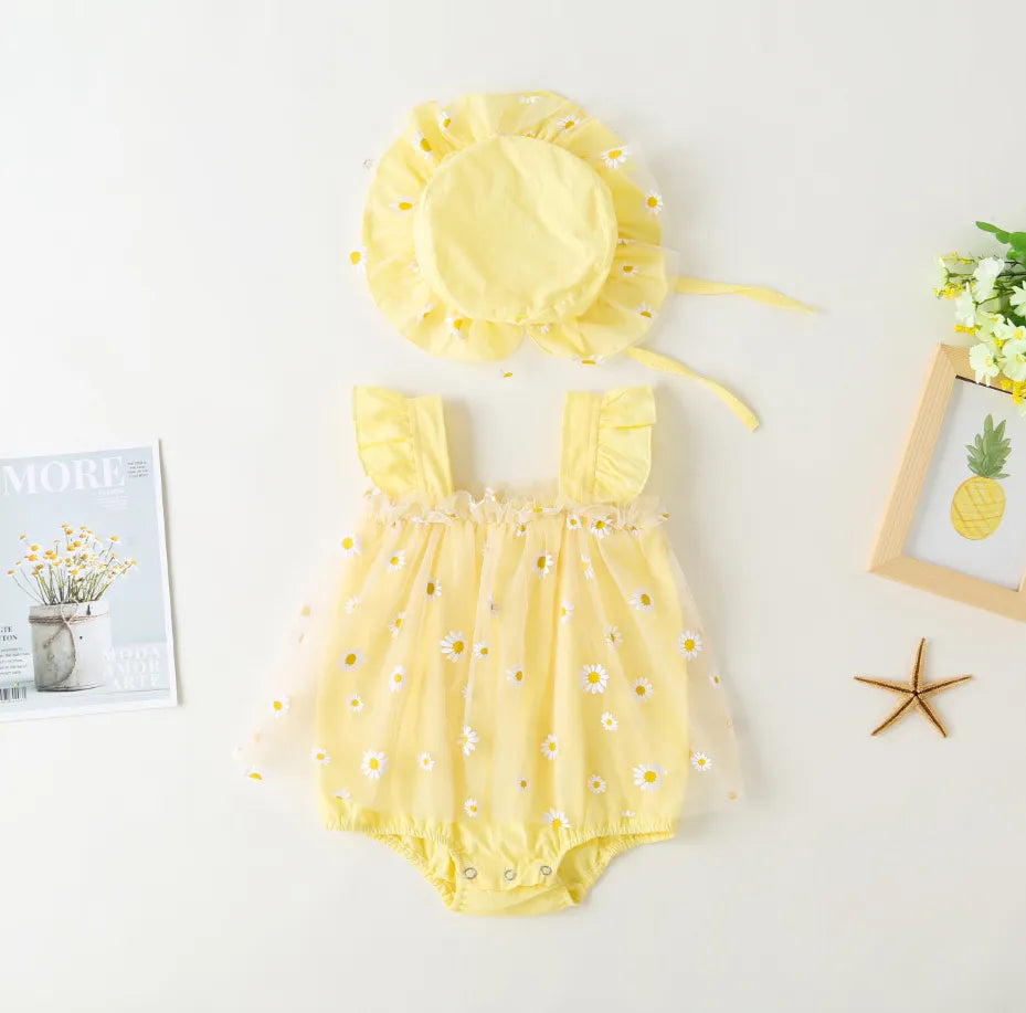 Little Girls Sunflower Tulle Romper with Hat