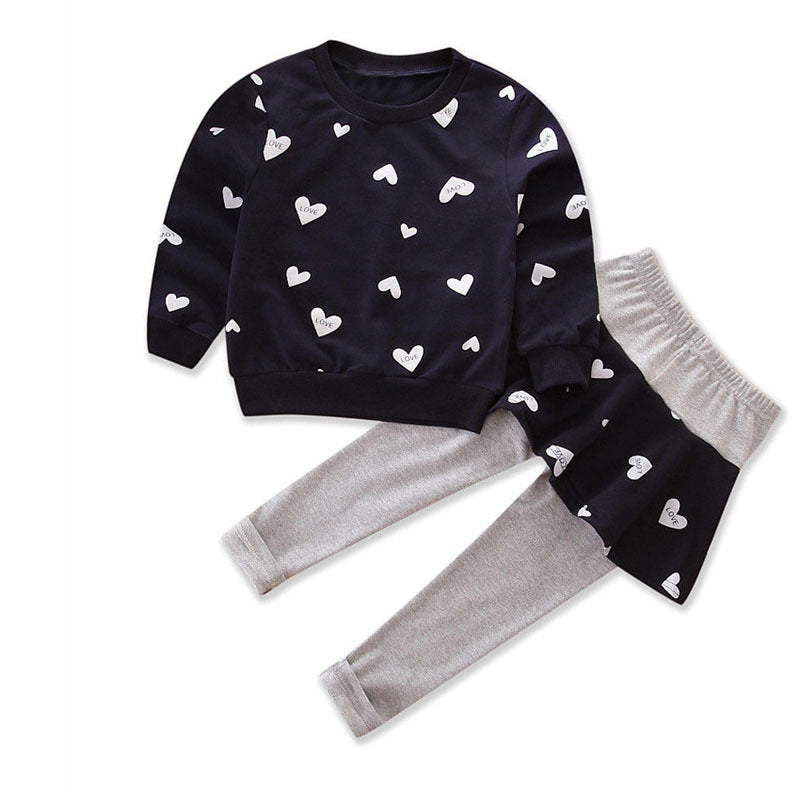 Little Girls Clothing Set Outfit Navy Heart Print Sweatshirt Top + Long Pantskirts 2pcs Baby Pant Set for Toddlers and Kids